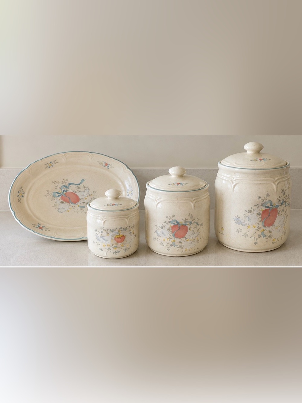 RARE Vintage International Stoneware Japan “Marmalade” Canister Set 3 + Platter